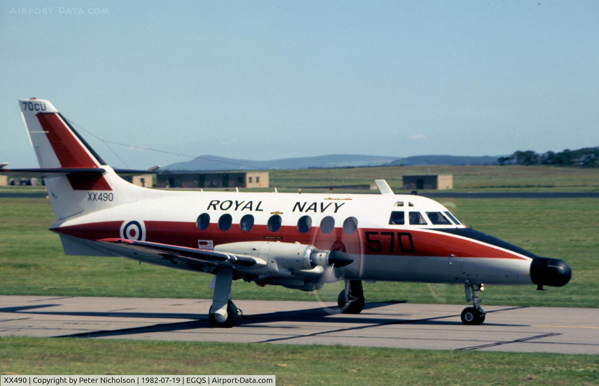 XX490, Scottish Aviation HP-137 Jetstream T.2 C/N 271, Jetstream T.2 of 750 Squadron at RNAS Culdrose taxying to the active runway at RAF Lossiemouth in the Summer of 1982.
