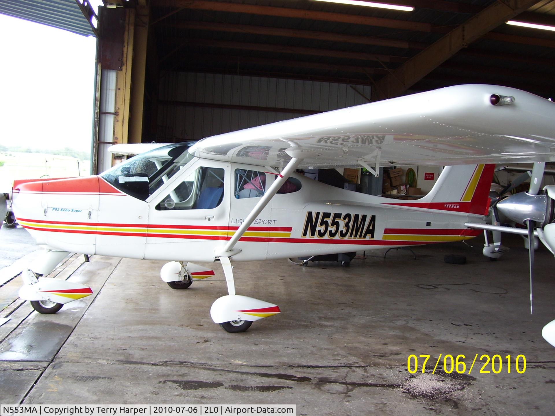 N553MA, 2007 Tecnam P-92 Echo Super C/N 1044, Plane sitting in hangar on a rainy morning.