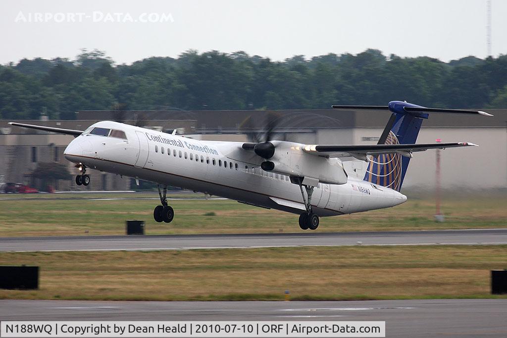 N188WQ, 2008 Bombardier DHC-8-402 Dash 8 C/N 4188, Continental Connection (Colgan Air) N188WQ (FLT CJC3326) departing RWY 5 enroute to Newark Liberty Int'l (KEWR). Due to the high humidity, you can see the vortices coming off of the tips of the propellers.