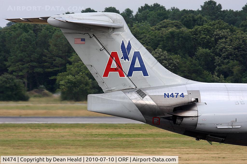 N474, 1988 McDonnell Douglas MD-82 (DC-9-82) C/N 49649, Tail shot of American Airlines N474 (FLT AAL682) as she taxis to the gate on Taxiway Charlie after arrival from Dallas/Ft Worth Int'l (KDFW).