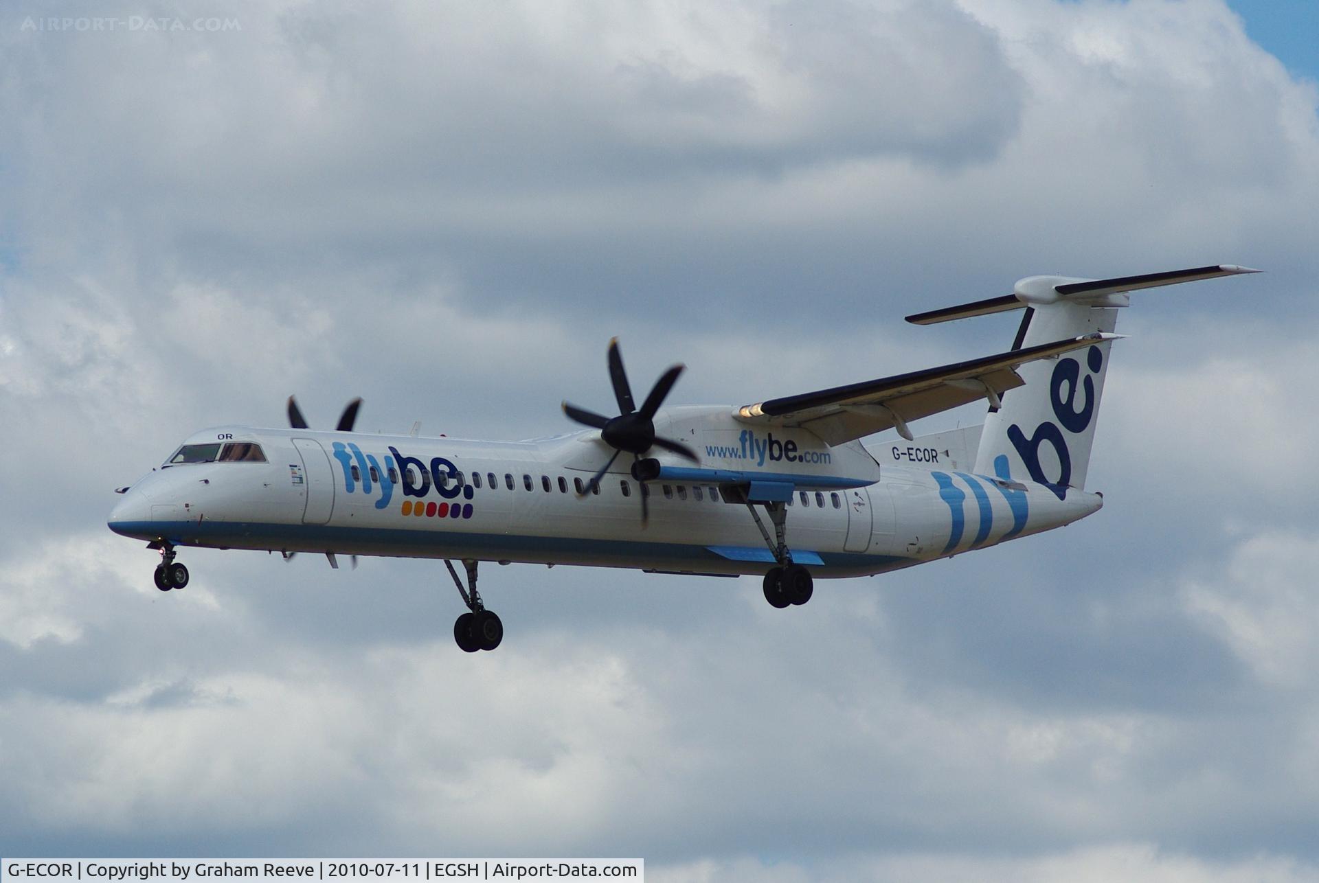 G-ECOR, 2009 De Havilland Canada DHC-8-402Q Dash 8 C/N 4248, Landing at Norwich.