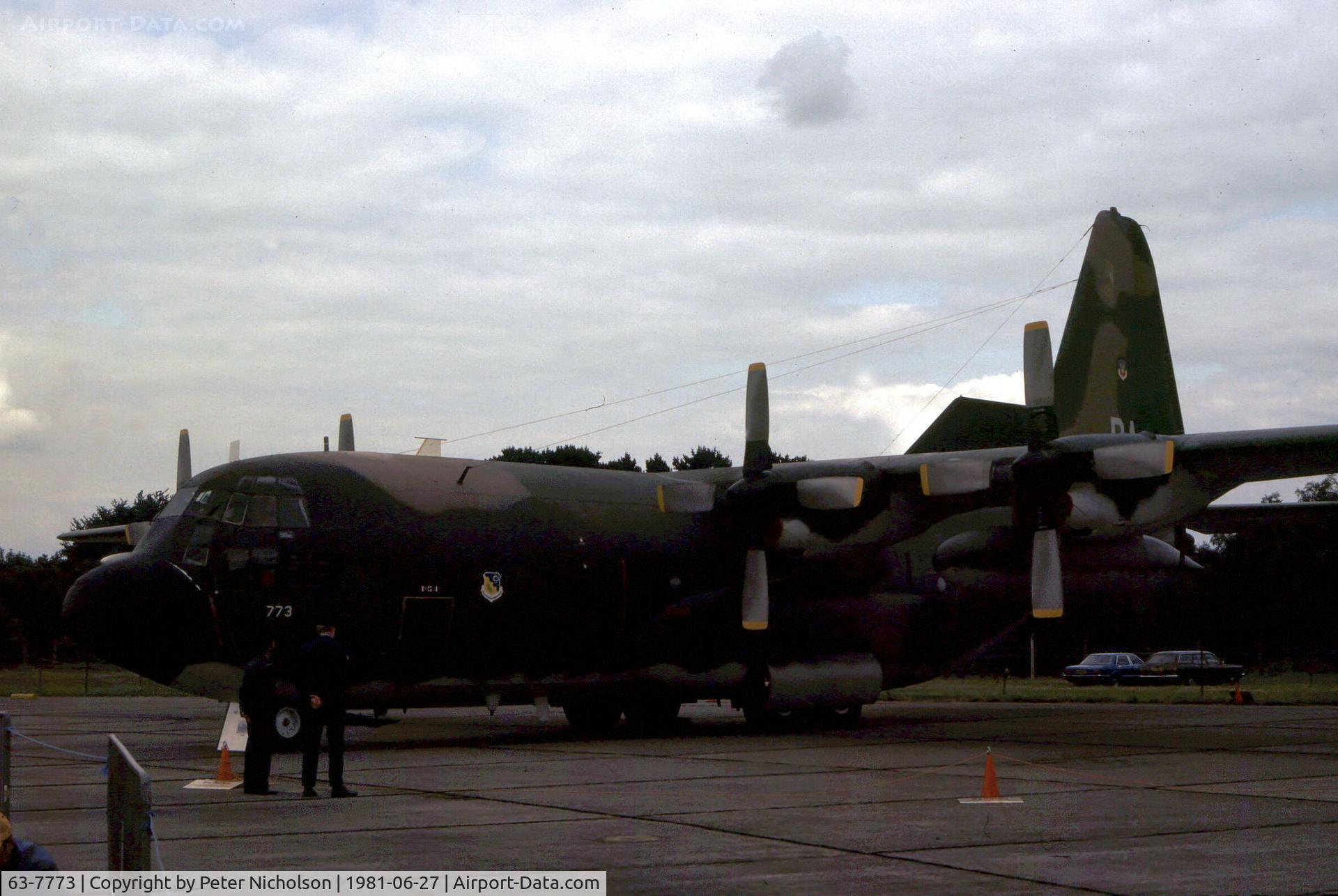 63-7773, 1963 Lockheed EC-130E Hercules C/N 382-3839, EC-130E Hercules of 193rd Electronic Combat Squadron Pennsylvania ANG on display at the 1981 Intnl Air Tattoo at RAF Greenham Common.