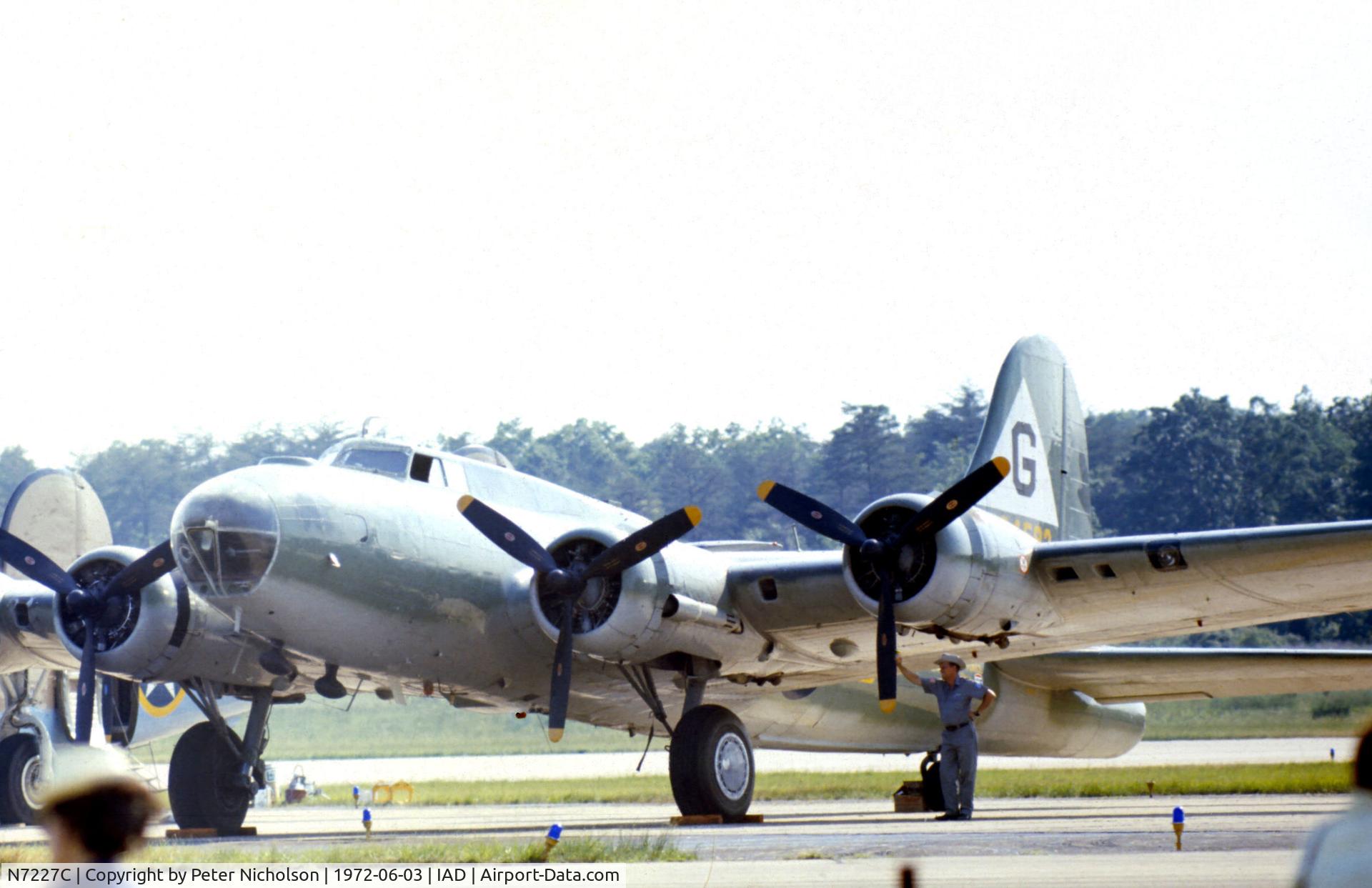 N7227C, 1944 Boeing B-17G Fortress C/N 32513, B-17G Flying Fortress, later known as Texas Raiders, of the Confederate Air Force which was present at Transpo 72 at Dulles Intnl Airport in June 1972.