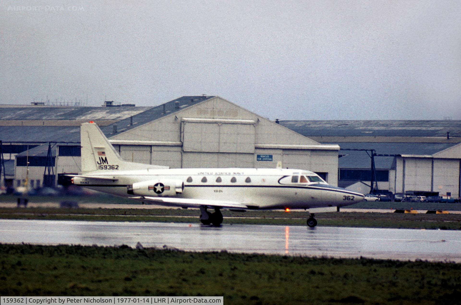 159362, North American Rockwell CT-39G Sabreliner C/N 306-66, CT-39G Sabreliner of VR-24 based at NAS Sigonella taxying at Heathrow in January 1977.