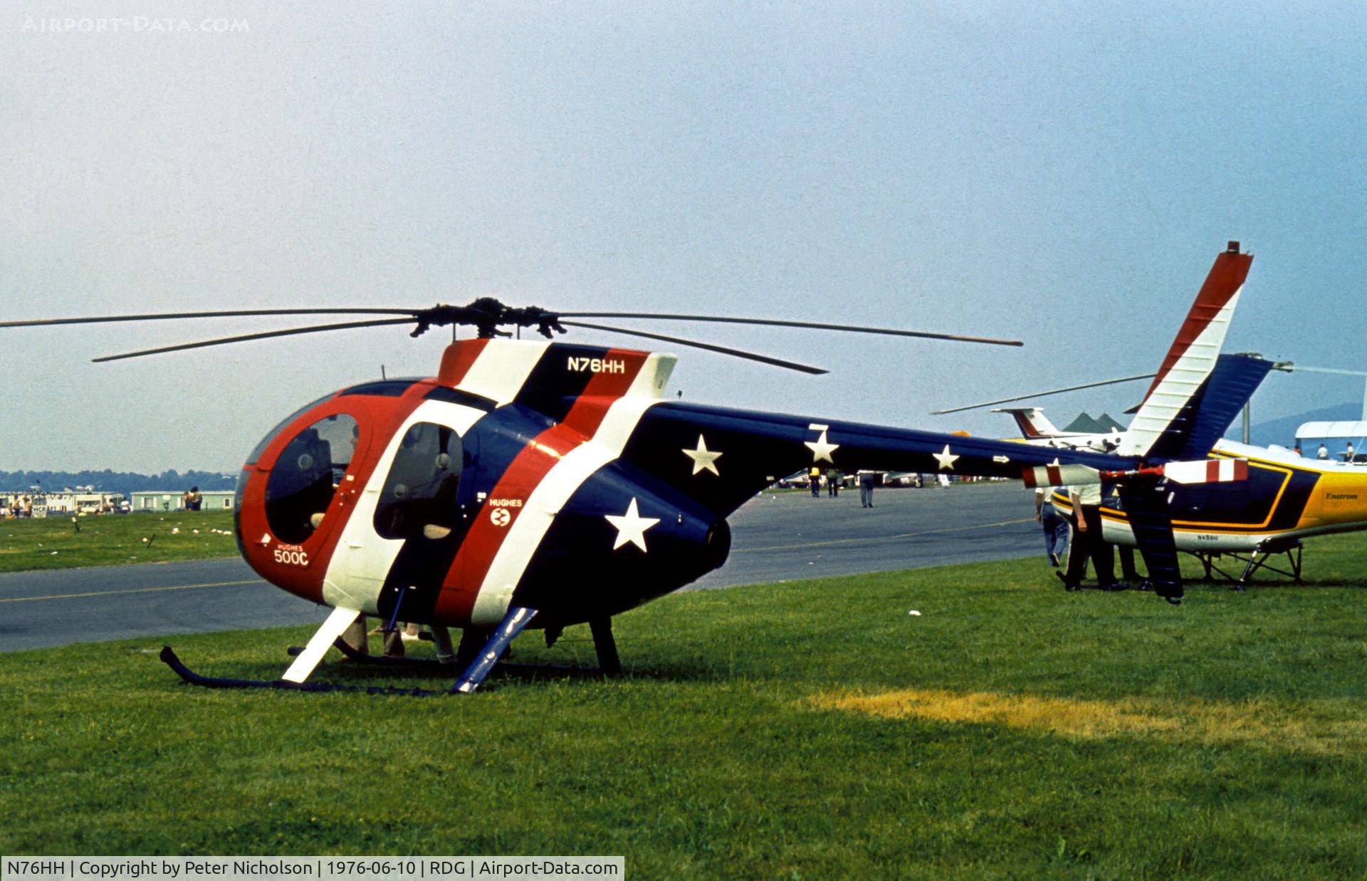 N76HH, Hughes 500C C/N 750761, Appropriate registration and colour scheme for the US Bi-Centennial Celebrations of 1976 for this Hughes 500C on display at the 1976 Reading Airshow.