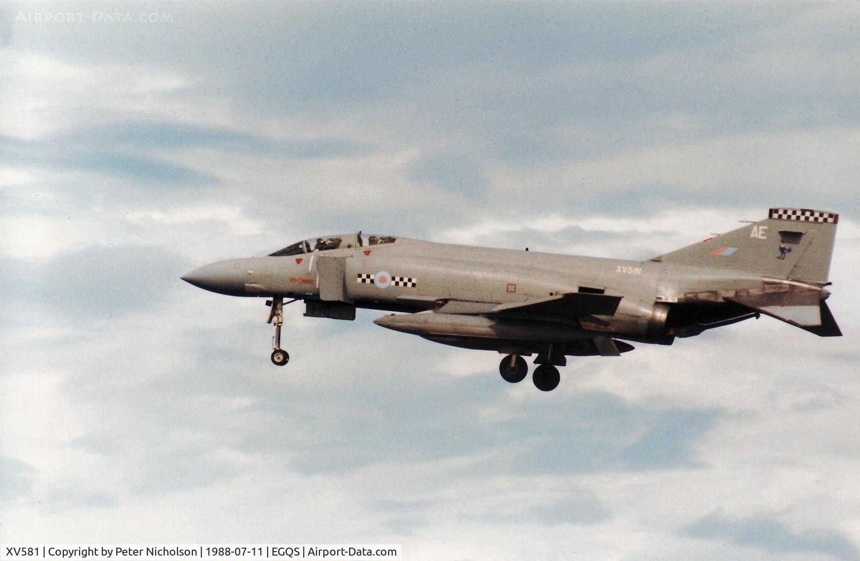 XV581, 1969 McDonnell Douglas Phantom FG1 C/N 3235/9335, Phantom FG.1 of 43 Squadron at RAF Leuchars on final approach to RAF Lossiemouth in the Summer of 1988.