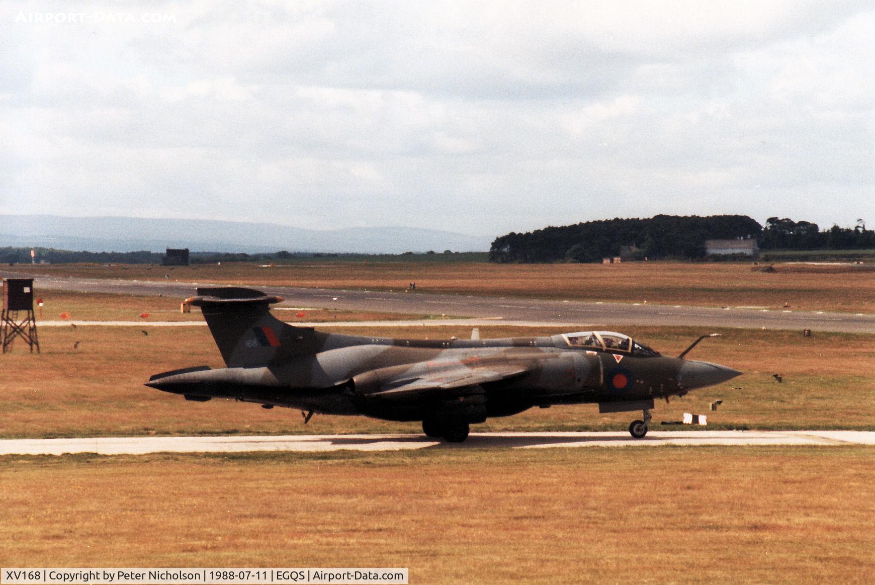 XV168, 1966 Hawker Siddeley Buccaneer S.2B C/N B3-09-66, Buccaneer S.2B of 237 Operational Conversion Unit preparing to join the active runway at RAF Lossiemouth in the Summer of 1988.