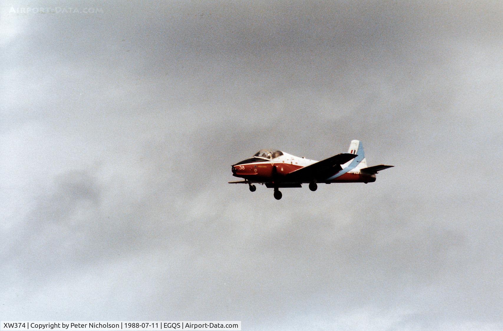 XW374, 1969 BAC 84 Jet Provost T.5A C/N EEP/JP/1024, Jet Provost T.5A of the Royal Air Force College at Cranwell on final approach to RAF Lossiemouth in the Summer of 1988.