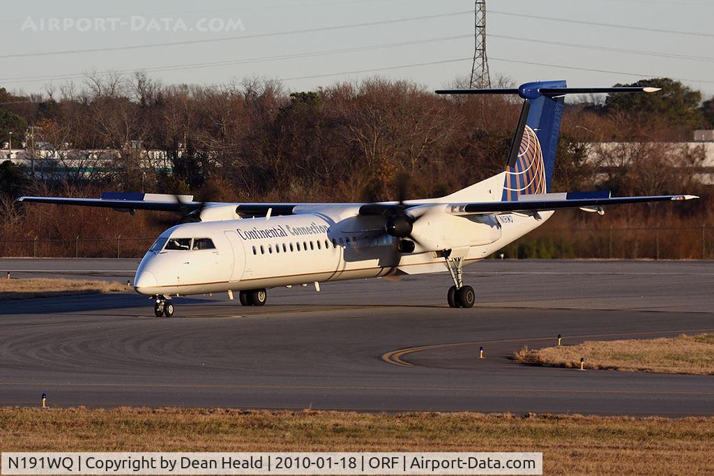 N191WQ, 2008 Bombardier DHC-8-402 Dash 8 C/N 4191, Continental Connection (Colgan Air) N191WQ (FLT CJC3325) exiting RWY 5 after arrival from Newark Liberty Int'l (KEWR).