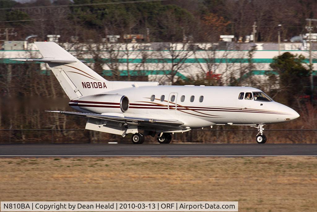 N810BA, British Aerospace BAe.125 Series 800A C/N 258010, Bloomfield Air LLC BAe 125-800A N810BA rolling out on RWY 23 after arrival from Southwest Florida Int'l (KRSW). After a short stopover here in Norfolk, the aircraft departed to Teterboro (KTEB). I last saw this aircraft in 2007 at Long Beach, CA.