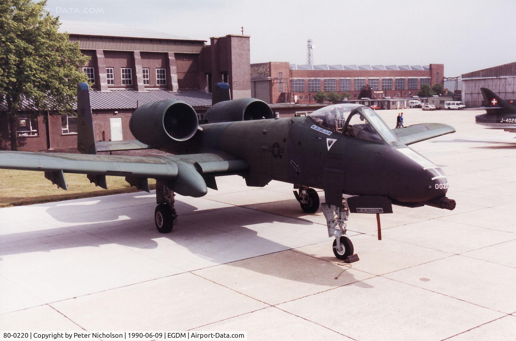 80-0220, 1980 Fairchild Republic A-10A Thunderbolt II C/N A10-0570, A-10A Thunderbolt, callsign Bison 33, of the 91st Tactical Fighter Squadron/81st Tactical Fighter Wing on the flight-line at the 1990 Boscombe Down Battle of Britain 50th Anniversary Airshow.