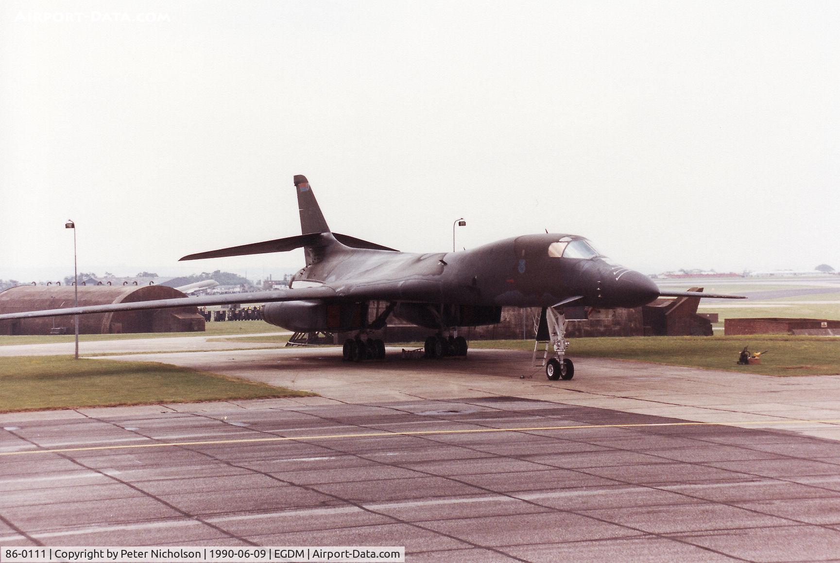 86-0111, 1986 Rockwell B-1B Lancer C/N 71, B-1B Lancer, callsign Norse 41, named Ace in the Hole of 319th Bomb Wing at Grand Forks AFB on the flight-line at the 1990 Boscombe Down Battle of Britain 50th Anniversary Airshow.