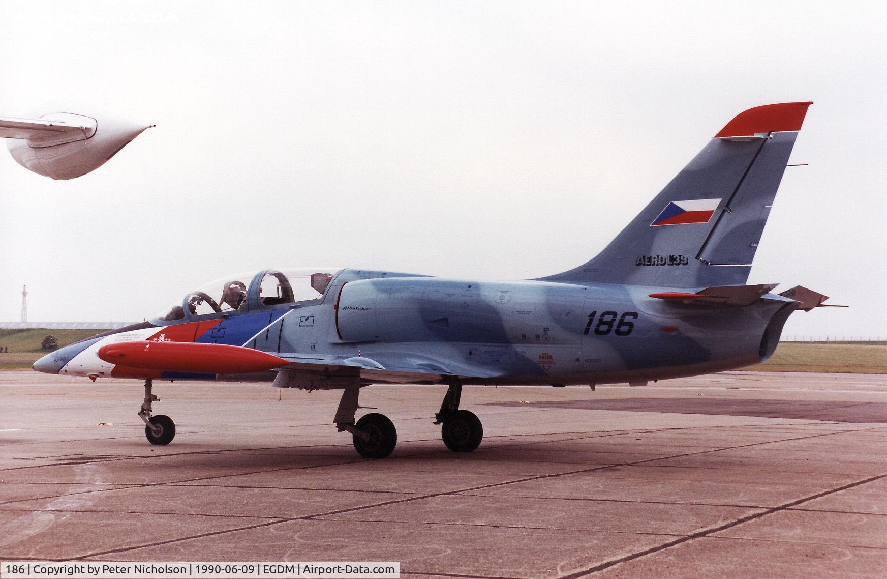 186, Aero L-39 Albatros C/N 533216, Czech Air Force L-39CT Albatros, callsign Aero 186, on the flight-line at the 1990 Boscombe Down Batle of Britain 50th Anniversary Airshow.