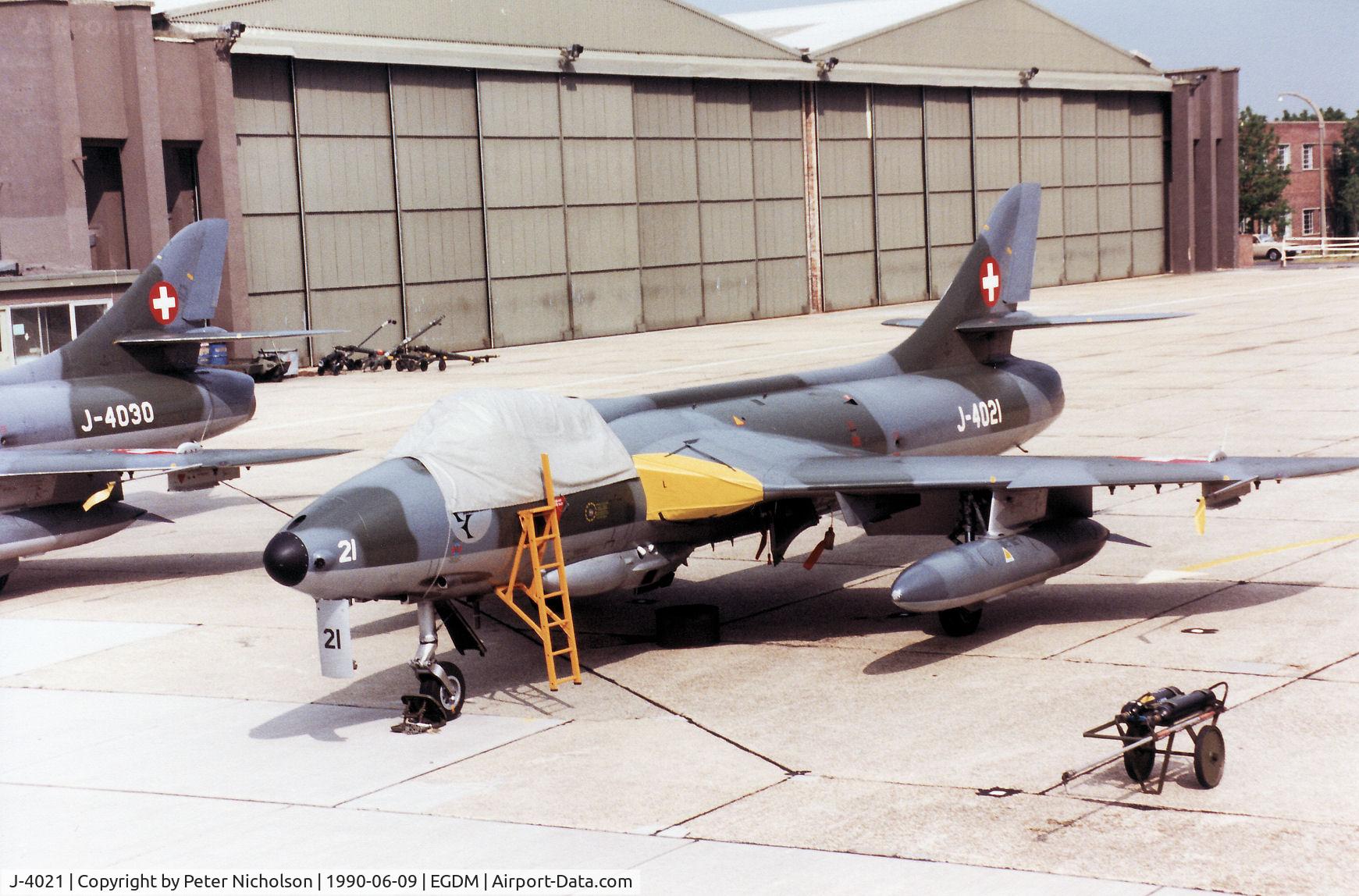 J-4021, 1959 Hawker Hunter F.58 C/N 41H-691770, Patrouille Suisse Hunter F.58 on the flight-line at the 1990 Boscombe Down Battle of Britain 50th Anniversary Airshow.