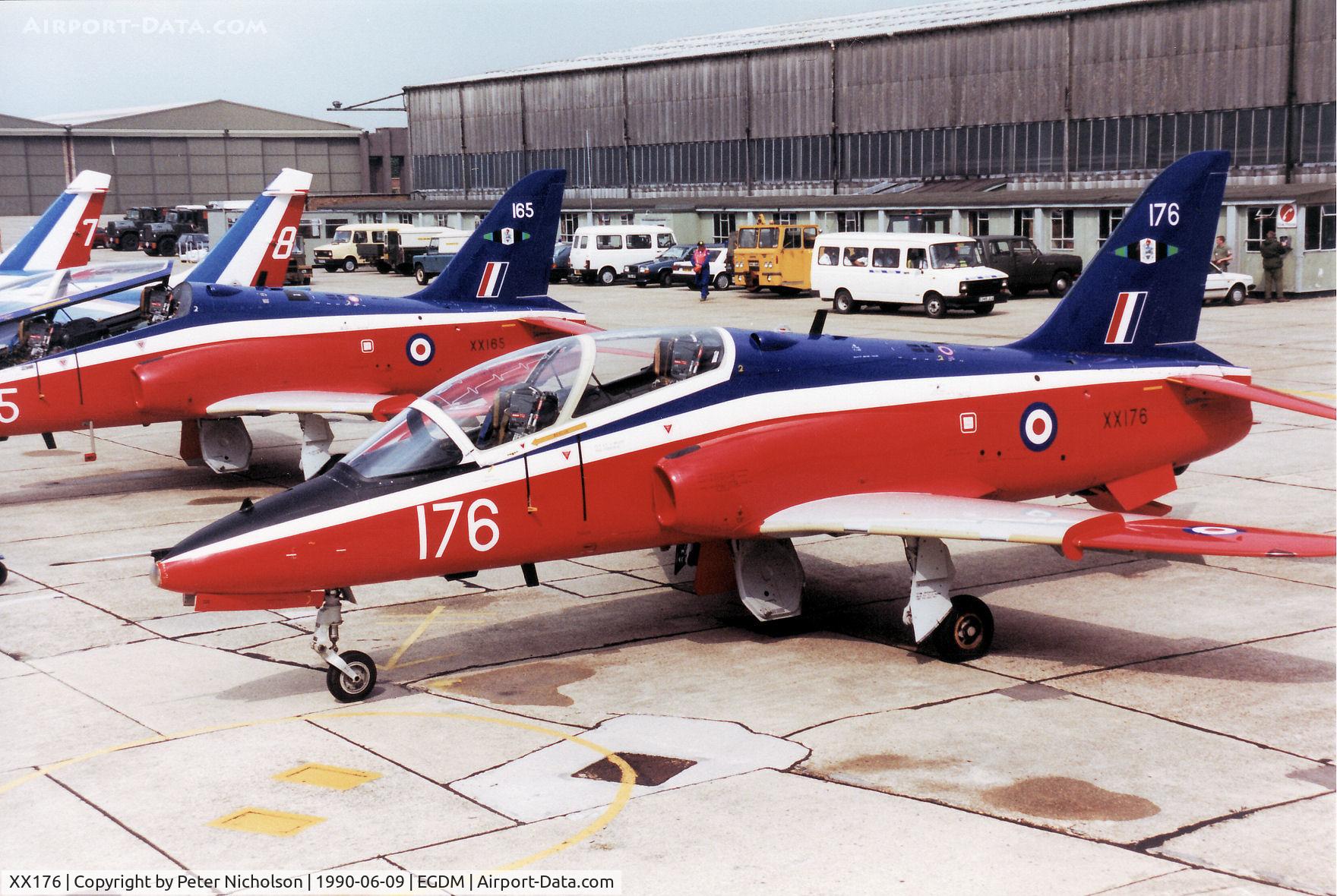 XX176, 1977 Hawker Siddeley Hawk T.1 C/N 023/312023, Hawk T.1, callsign VYT 78 Bravo, of 4 Flying Training School, RAF Valley on the flight-line at the 1990 Boscombe Down Battle of Britain 50th Anniversary Airshow.