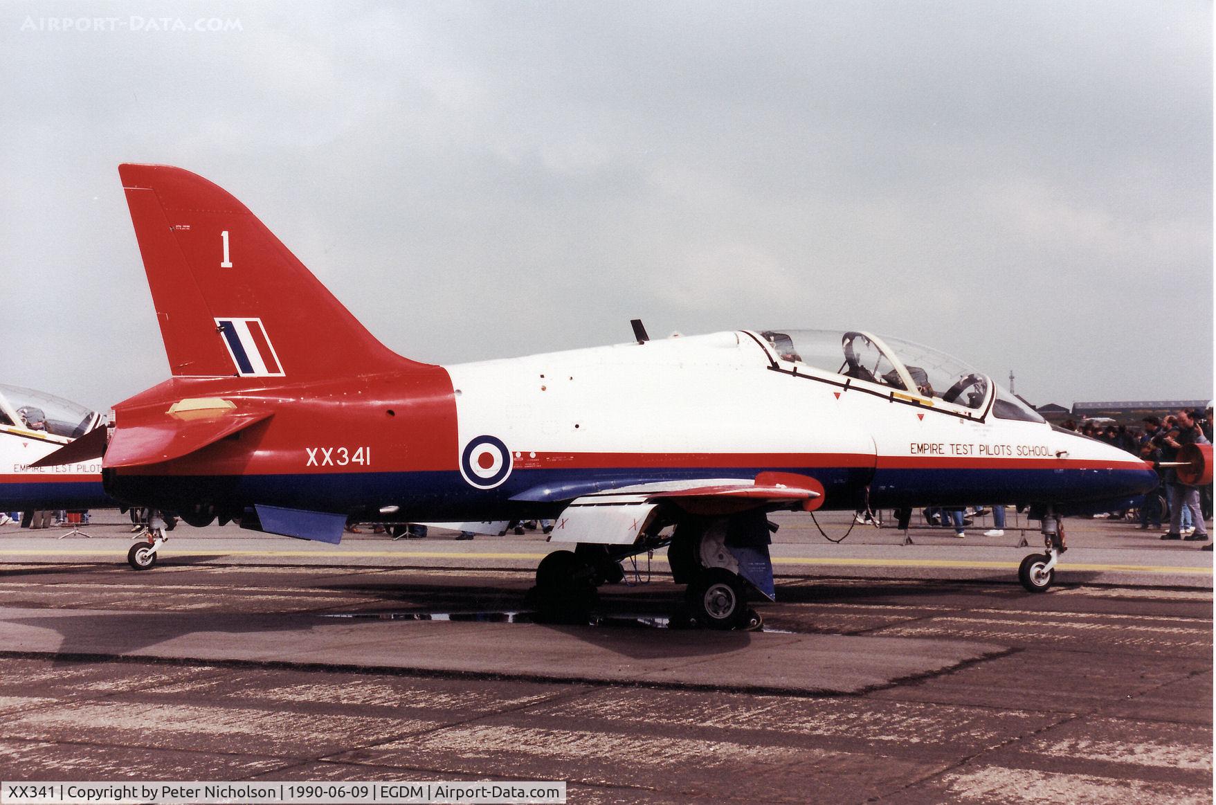 XX341, 1980 Hawker Siddeley Hawk T.1 C/N 190/312165, Hawk T.1 ASTRA of the Empire Test Pilots School in the static park of the 1990 Boscombe Down Battle of Britain 50th Anniversary Airshow.