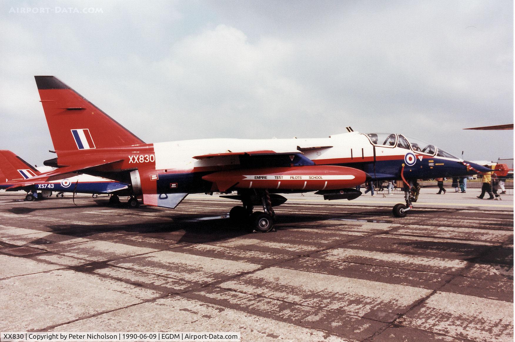 XX830, Sepecat Jaguar T.2 C/N B18, Jaguar T.2 of the Empire Test Pilots School in the static park of the 1990 Boscombe Down Battle of Britain 50th Anniversary Airshow.