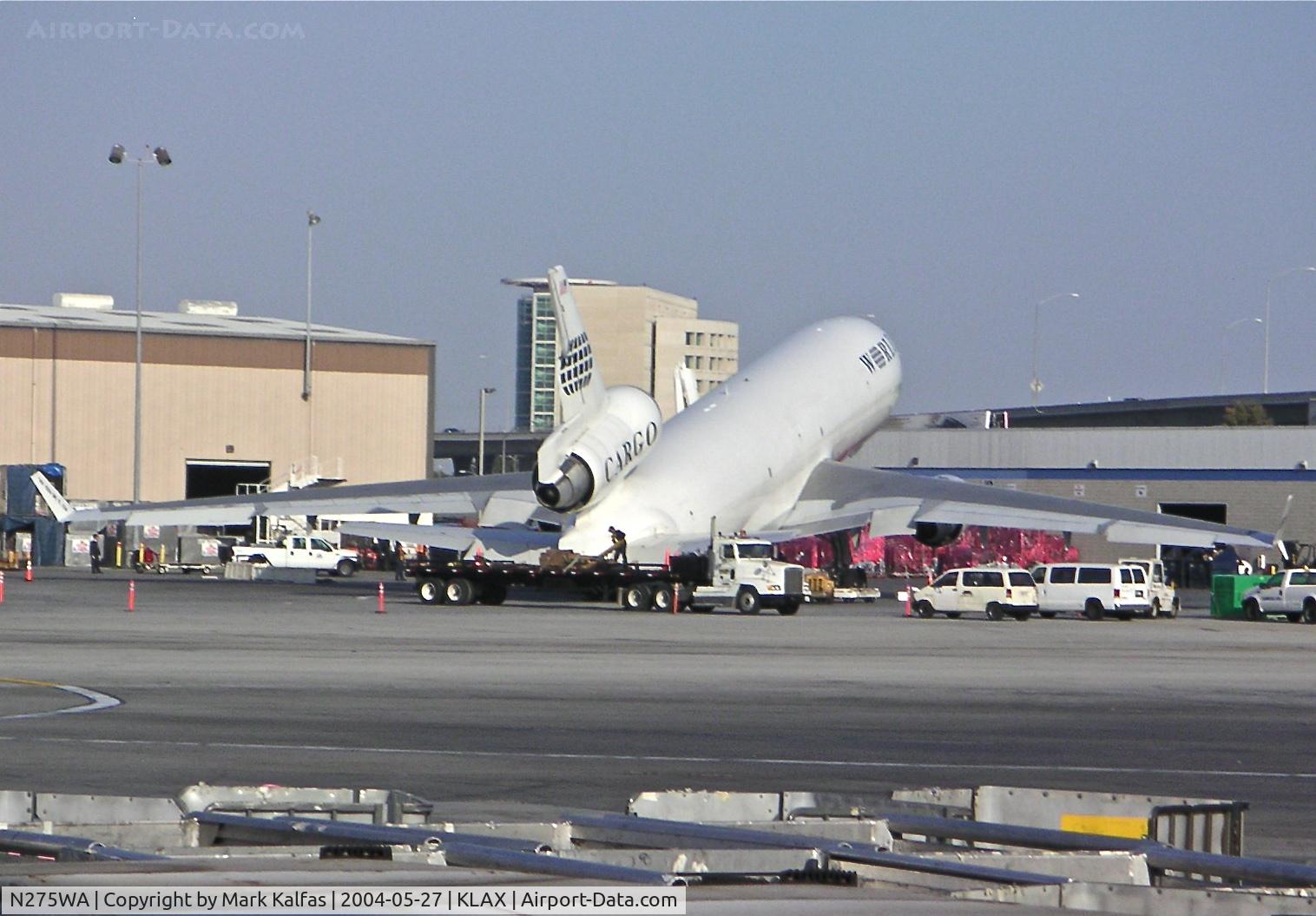 N275WA, 1995 McDonnell Douglas MD-11CF C/N 48631, World Airways Mcdonnell Douglas MD-11F, N275WA on the cargo ramp KLAX with a weight and balance issue.