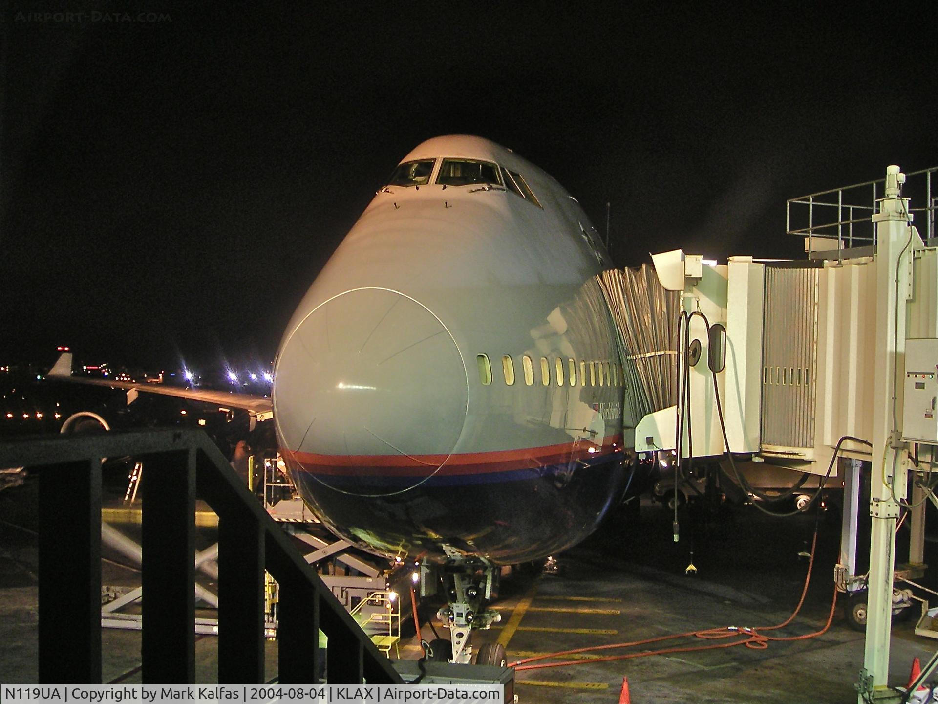N119UA, 1999 Boeing 747-422 C/N 28812, United Airlines Boeing 747-422, N119UA at gate 76 KLAX after a trip in from KORD.