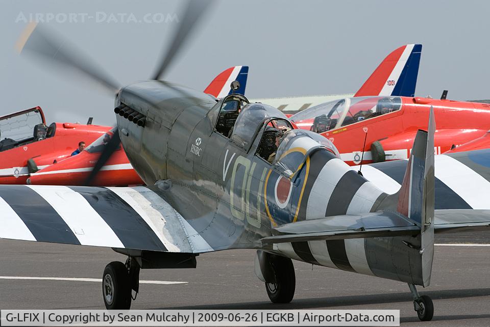G-LFIX, 1944 Supermarine 509 Spitfire LF.IX (T.IX) C/N CBAF.8463, Carolyn Grace at the controls of her Supermarine Spitfire MkIX, ML407 at the Biggin Hill Air Fair Press Day, Friday 26th of June 2009, Biggin Hill Airport, Kent, U.K.