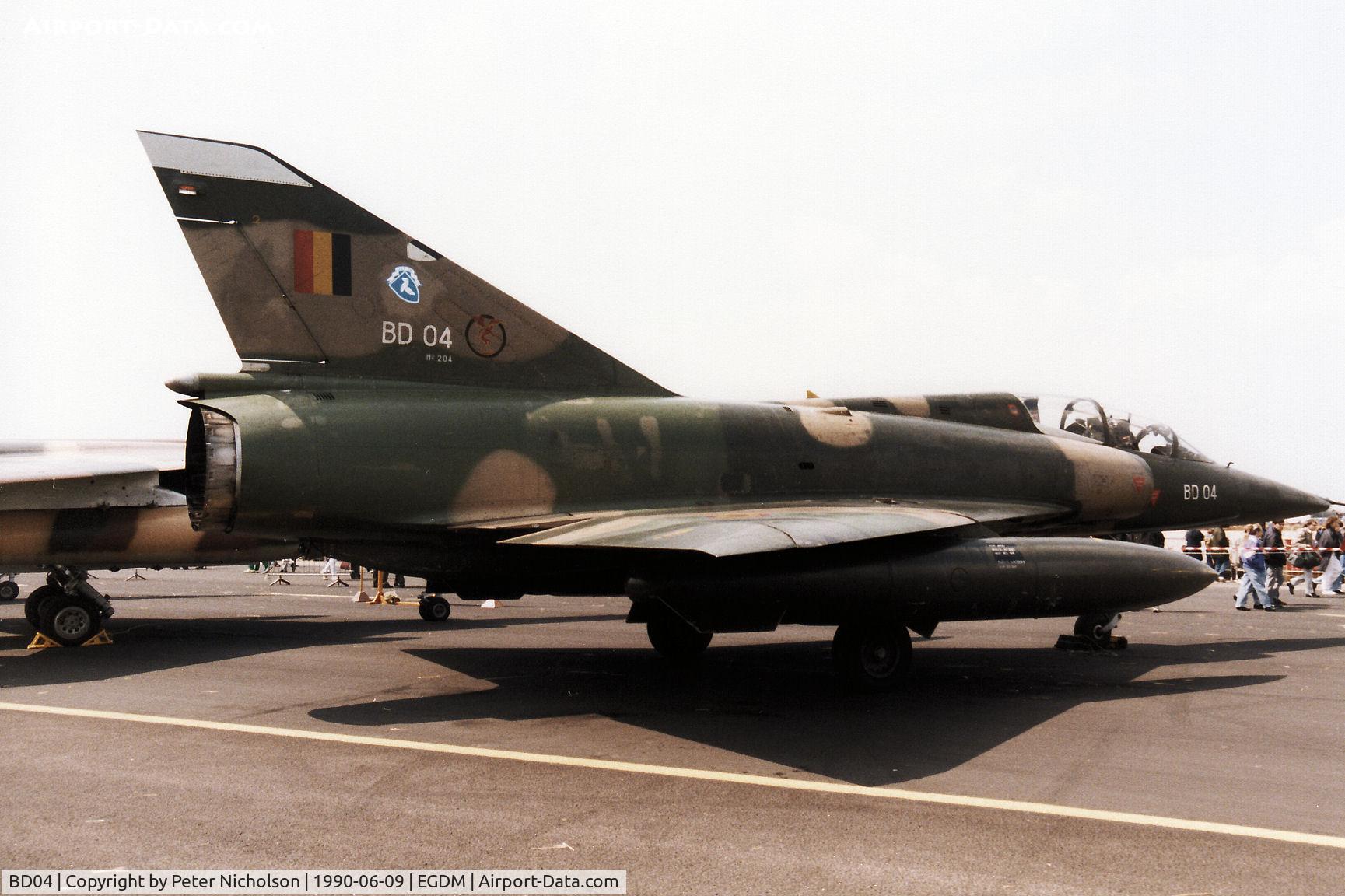 BD04, SABCA Mirage 5BD C/N 204, Mirage 5BD, callsign Bafair 316, of 8 Squadron Belgian Air Force on display at the 1990 Boscombe Down Battle of Britain 50th Anniversary Airshow.