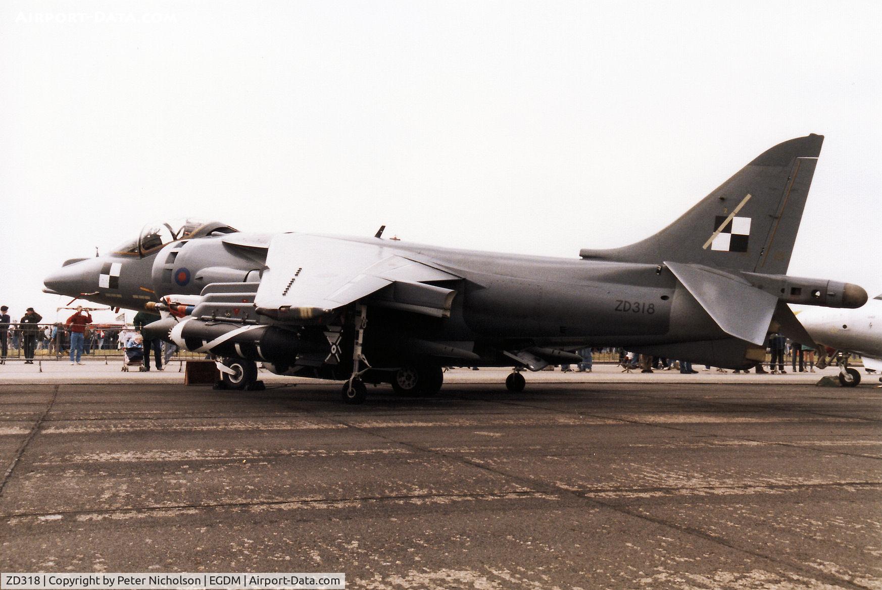ZD318, 1985 British Aerospace Harrier GR.7A C/N 512041/DB1, Harrier GR.7 development trials aircraft for British Aerospace on display at the 1990 Boscombe Down Battle of Britain 50th Anniversary Airshow.