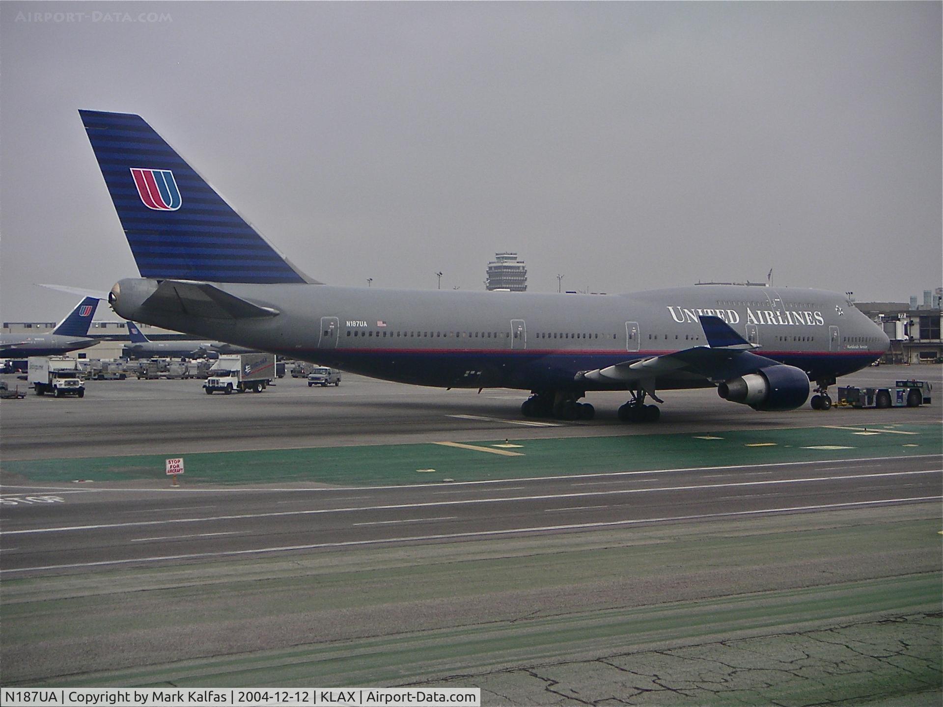 N187UA, 1992 Boeing 747-422 C/N 26876, United Airlines Boeing 747-422, N187UA getting a tow to the United hangar KLAX.