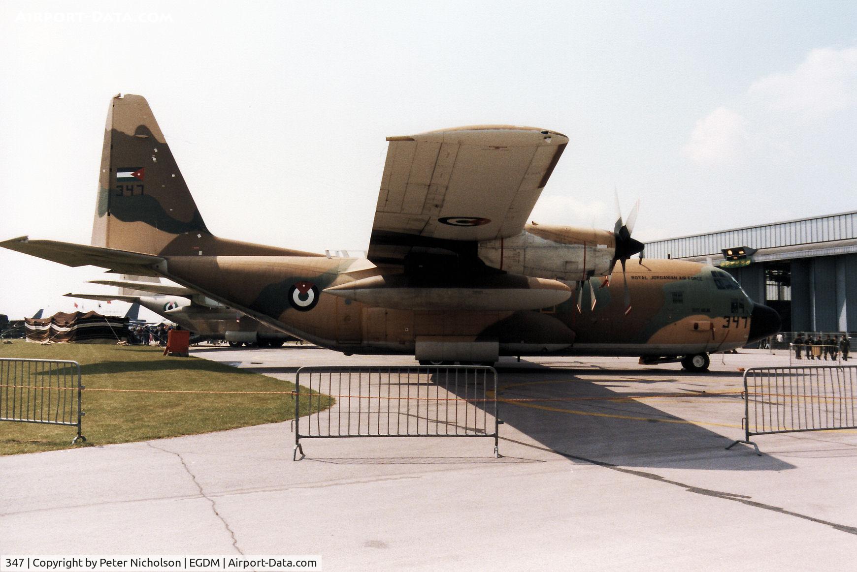 347, Lockheed C-130H Hercules C/N 382-4929, C-130H Hercules of 3 Squadron Royal Jordanian Air Force on display at the 1990 Boscombe Down Battle of Britain 50th Anniversary Airshow.