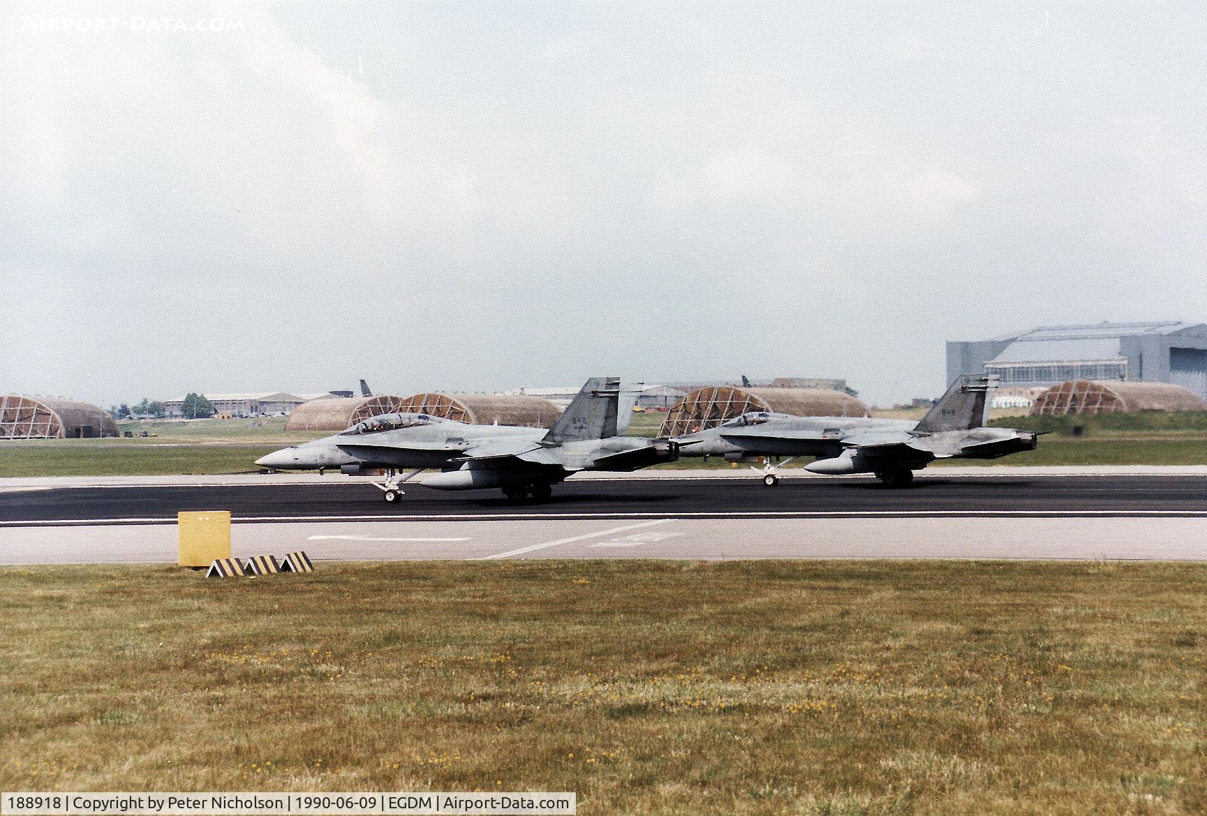 188918, 1985 McDonnell Douglas CF-188B Hornet C/N 0280/B054, CF-18B Hornet, callsign Embassy Hornet Delta, of 409 Squadron Canadian Armed Forces preparing for take-off at the 1990 Boscombe Down Battle of Britain 50th Anniversary Airshow.