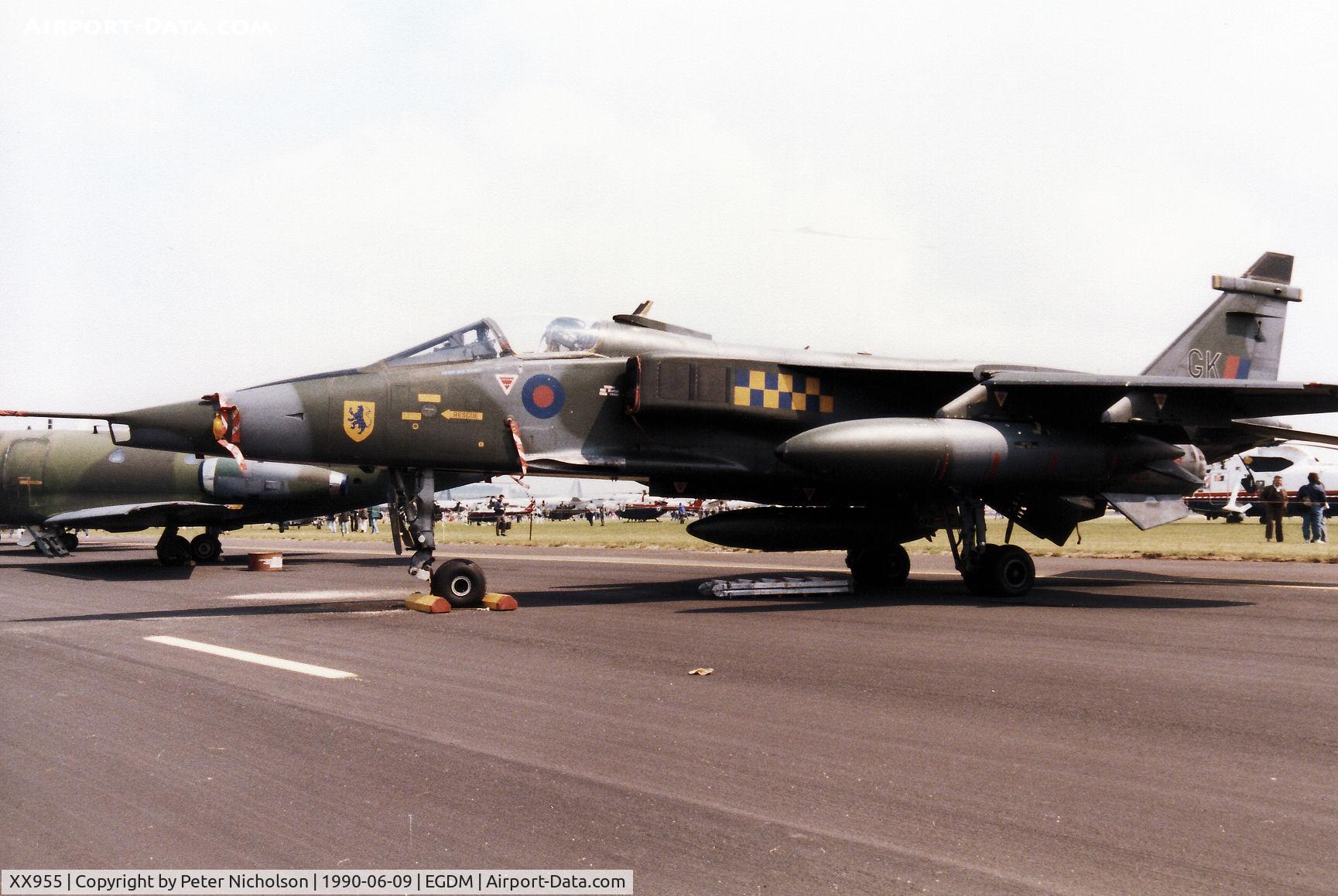 XX955, 1975 Sepecat Jaguar GR.1A C/N S.77, Jaguar GR.1A of 54 Squadron at RAF Coltishall on display at the 1990 Boscombe Down Battle of Britain 50th Anniversary Airshow.