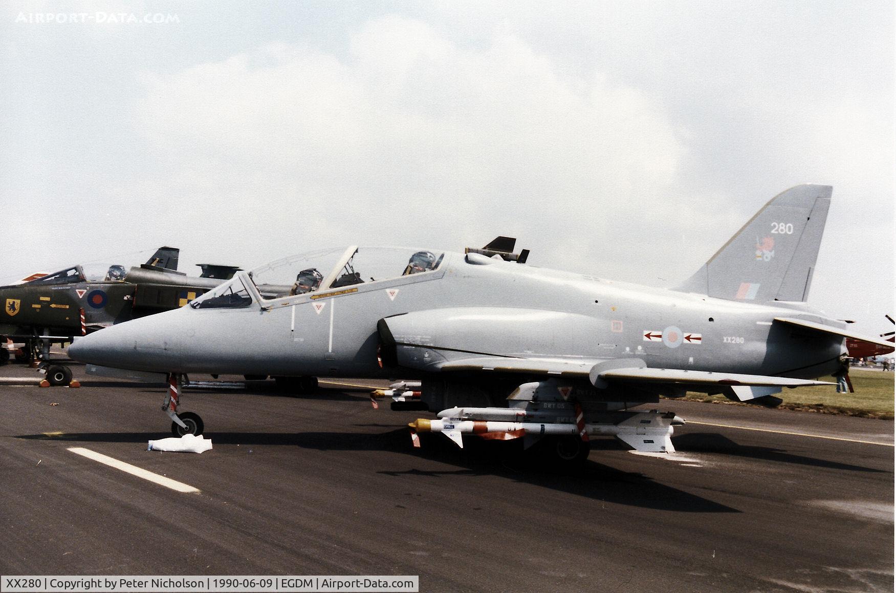XX280, 1979 Hawker Siddeley Hawk T.1A C/N 105/312105, Hawk T.1A, callsign BRW 43, of 79 Squadron at RAF Brawdy on display at the 1990 Boscombe Down Battle of Britain 50th Anniversary Airshow.