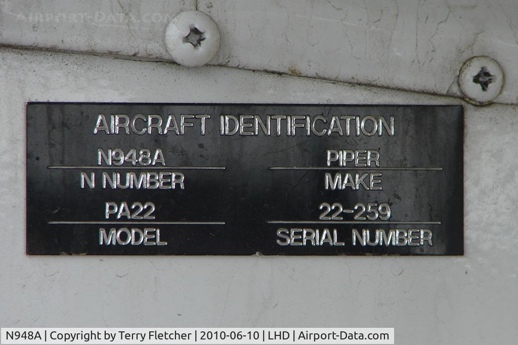 N948A, 1951 Piper PA-22 C/N 22-259, Data Plate of 1951 Piper PA-22, c/n: 22-259