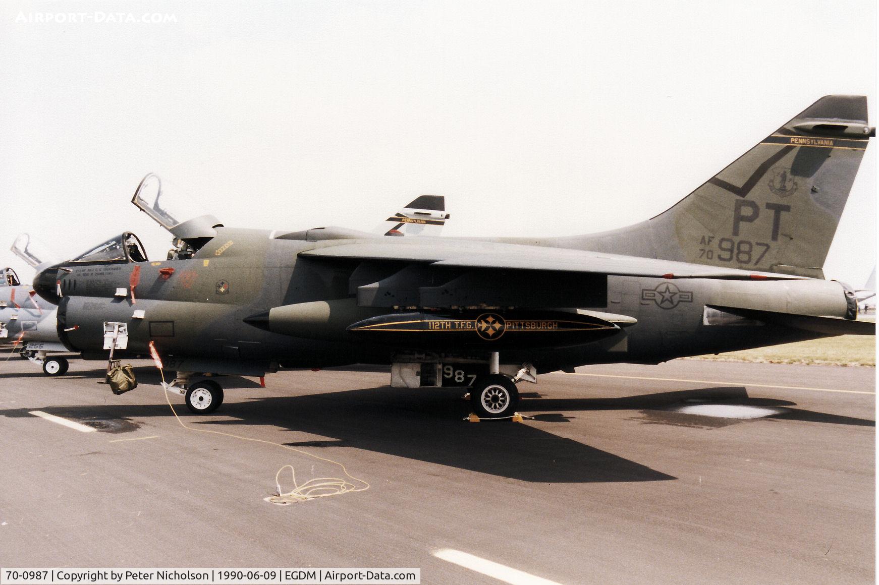70-0987, 1970 LTV A-7D Corsair II C/N D-133, A-7D Corsair, callsign Steel 71, of 146th Tactical Fighter Squadron Pennsylvania Air National Guard on display at the 1990 Boscombe Down Battle of Britain 50th Anniversary Airshow.