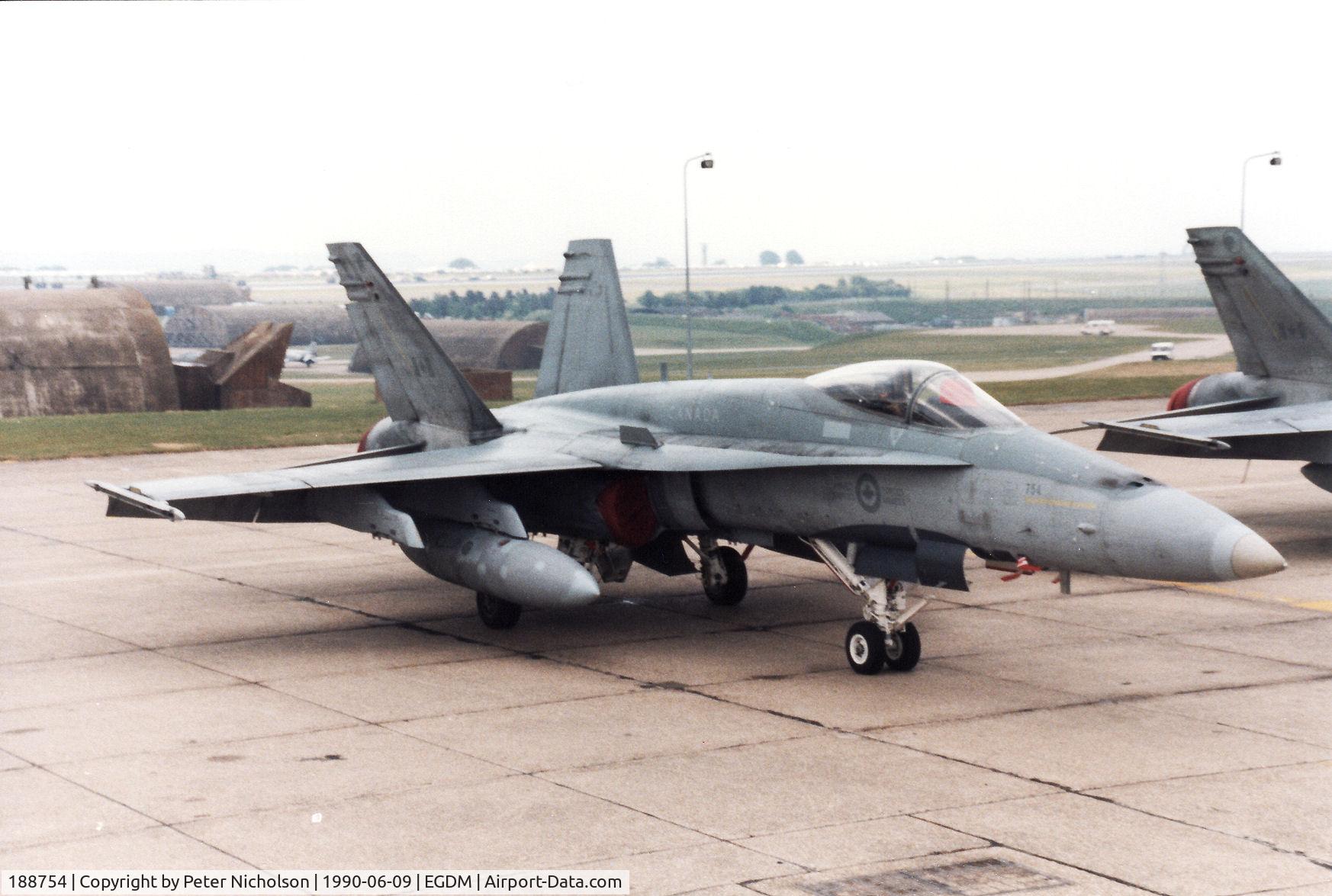 188754, McDonnell Douglas CF-188A Hornet C/N 0377/A316, CF-18A Hornet, callsign Embassy Hornet Bravo, of 421 Canadian Armed Forces on the flight-line at the 1990 Boscombe Down Battle of Britain 50th Anniversary Airshow.