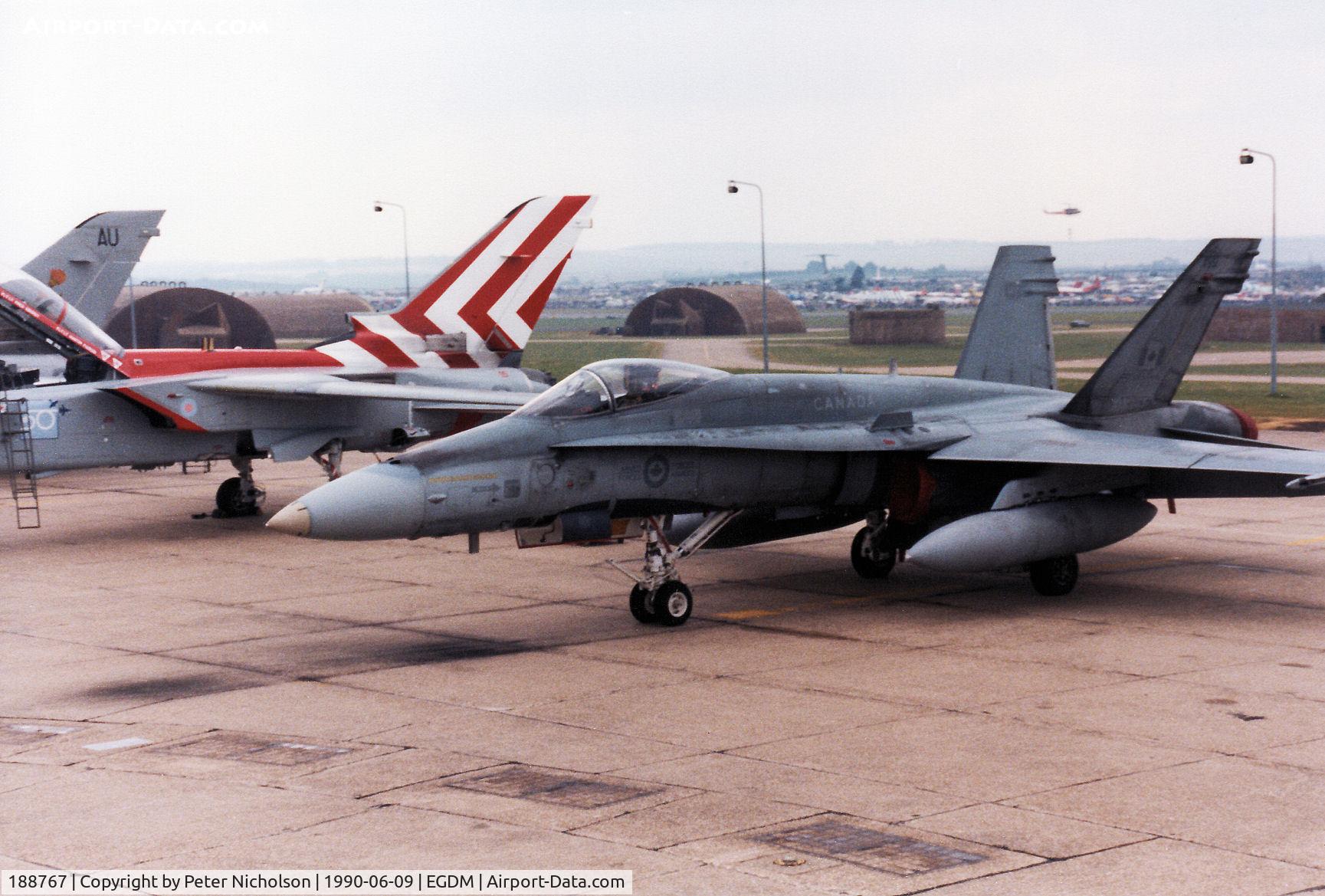 188767, McDonnell Douglas CF-188A Hornet C/N 0463/A380, CF-18A Hornet, callsign Embassy Hornet Charlie, of 409 Squadron Canadian Armed Forces on the flight-line at the 1990 Boscombe Down Battle of Britain 50th Anniversary Airshow.