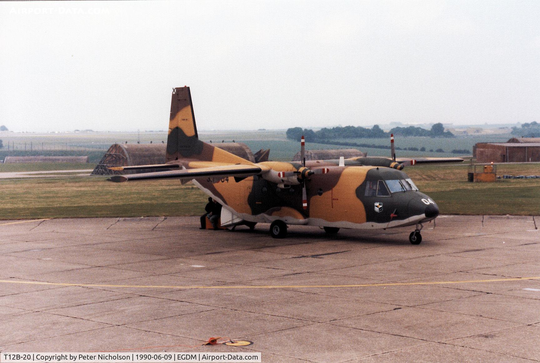 T12B-20, 1975 CASA C-212-100 Aviocar C/N A1-14-24, CASA Aviocar support aircraft for the Spanish Air Force display team on the flight-line at the 1990 Boscombe Down Battle of Britain 50th Anniversary Airshow.