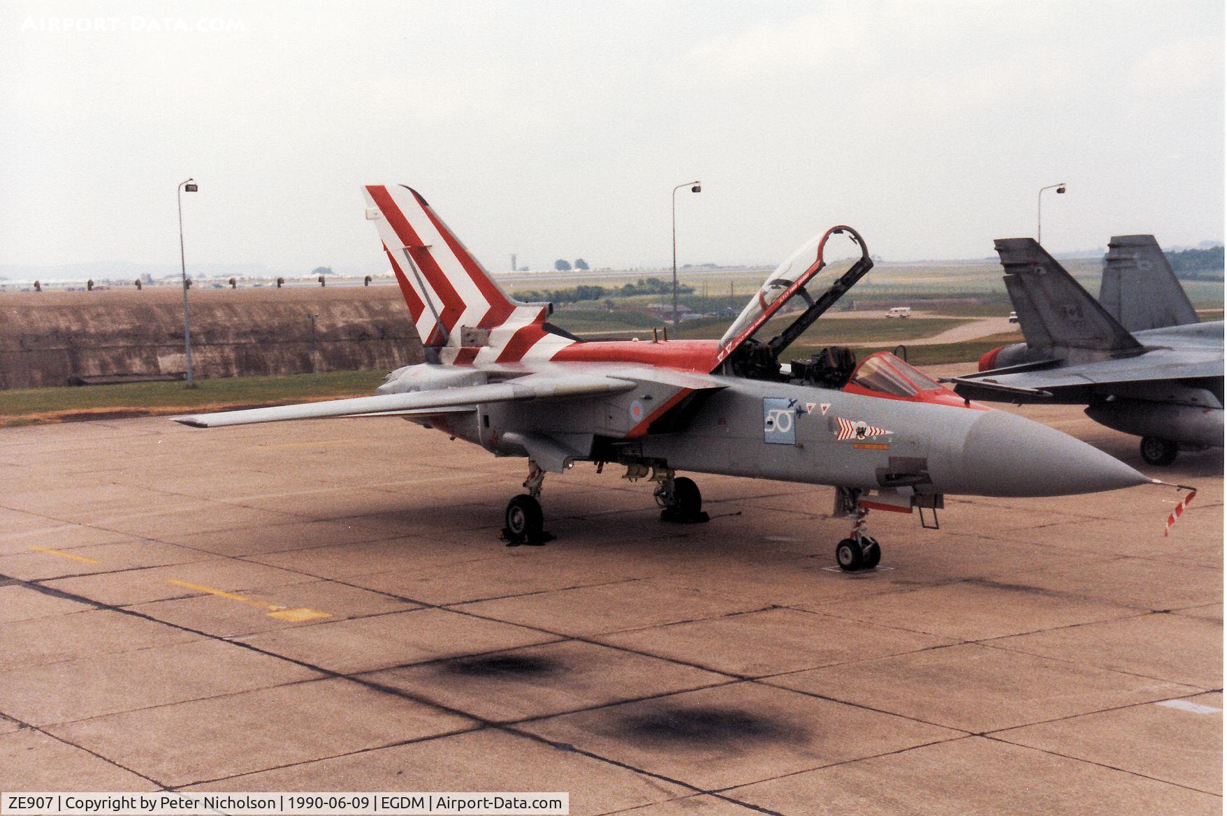ZE907, 1989 Panavia Tornado F.3 C/N AS098/765/2126, Tornado F.3, callsign Tornado 1, of 229 Operational Conversion Unit at RAF Coningsby on the flight-line at the 1990 Boscombe Down Battle of Britain 50th Anniversary Airshow.