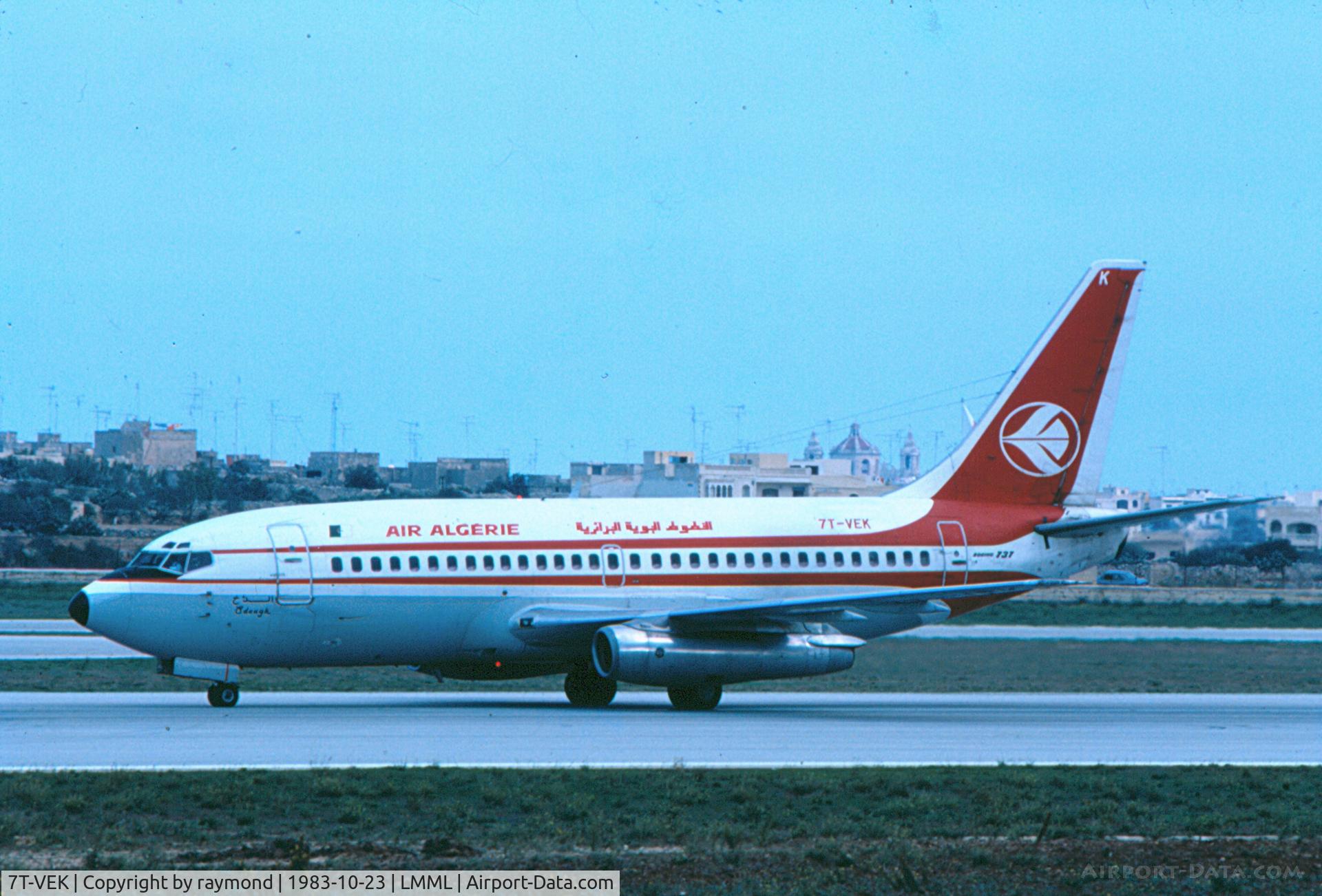 7T-VEK, 1975 Boeing 737-2D6 C/N 21064, B737-200 registered 7T-VEK seen in Malta moments after landing on Runway32 back in 1983....