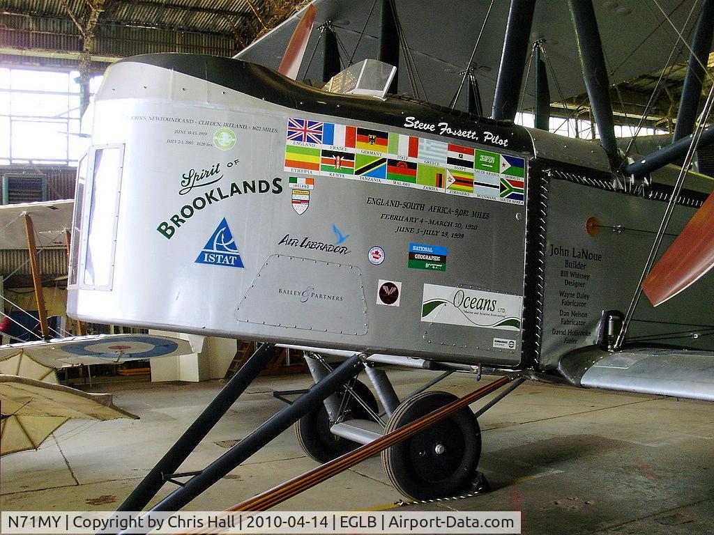 N71MY, 1994 Vickers FB-27A Vimy (replica) C/N 01, Built in 1994 to re-enact the type’s three long distance flights of 1919-20. On 2nd July 05 it successfully re-enacted Alcock & Brown’s trans-Atlantic flight from St Johns, Newfoundland to Clifden, Ireland, flown by Steve Fossett and Mark Rebholz