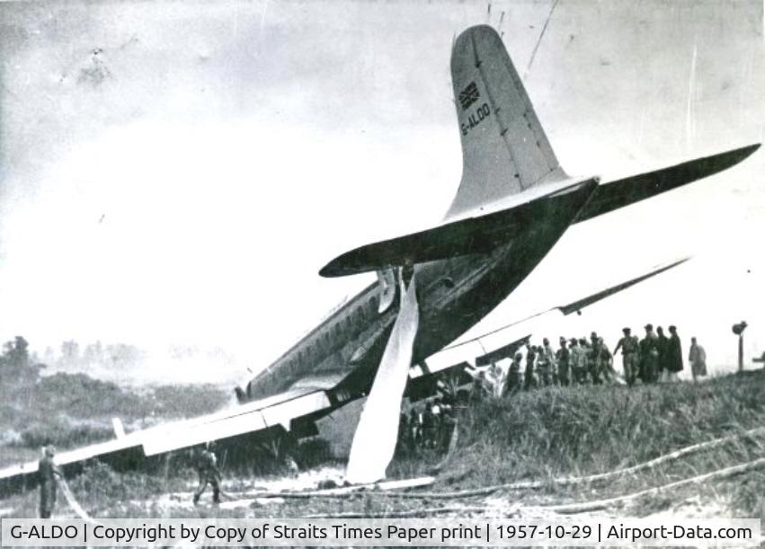 G-ALDO, Handley Page HP81 Hermes 4A C/N 16, came off runway at Paya Lebar 29 Oct 1957.