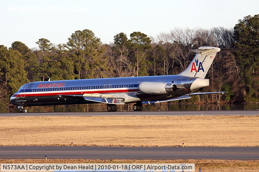 N573AA, 1991 McDonnell Douglas MD-82 (DC-9-82) C/N 53092, American Airlines N573AA (FLT AAL682) from Dallas/Fort Worth Int'l (KDFW) rolling out on RWY 5 after landing.