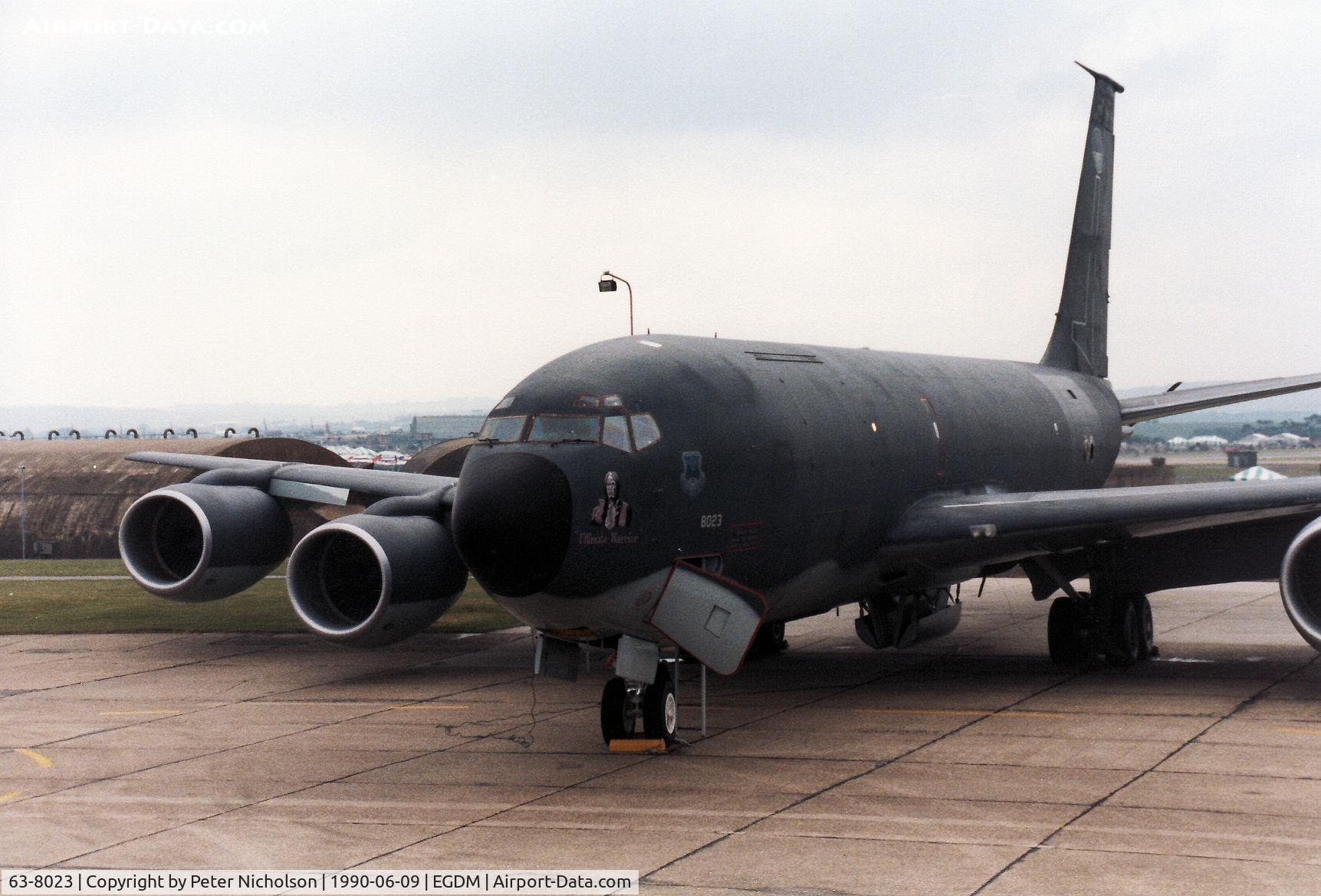 63-8023, 1963 Boeing KC-135R Stratotanker C/N 18640, KC-135R Stratotanker named Ultimate Warrior, callsign Quid 05, of 305th Air Refuelling Wing on the flight-line at the 1990 Boscombe Down Battle of Britain 50th Anniversary Airshow.