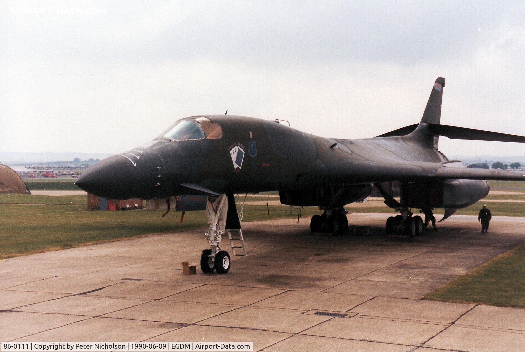 86-0111, 1986 Rockwell B-1B Lancer C/N 71, B-1B Lancer, callsign Norse 41, named Ace in the Hole of 319th Bombardment Wing on the flight-line at the 1990 Boscombe Down Battle of Britain 50th Anniversary Air show.