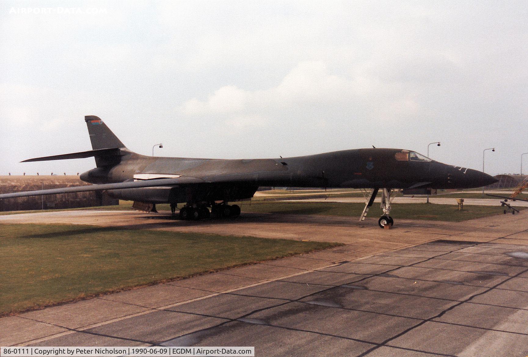 86-0111, 1986 Rockwell B-1B Lancer C/N 71, Another view of B-1B Lancer, callsign Norse 41, on the flight-line at the 1990 Boscombe Down Battle of Britain 50th Anniversary Airshow.