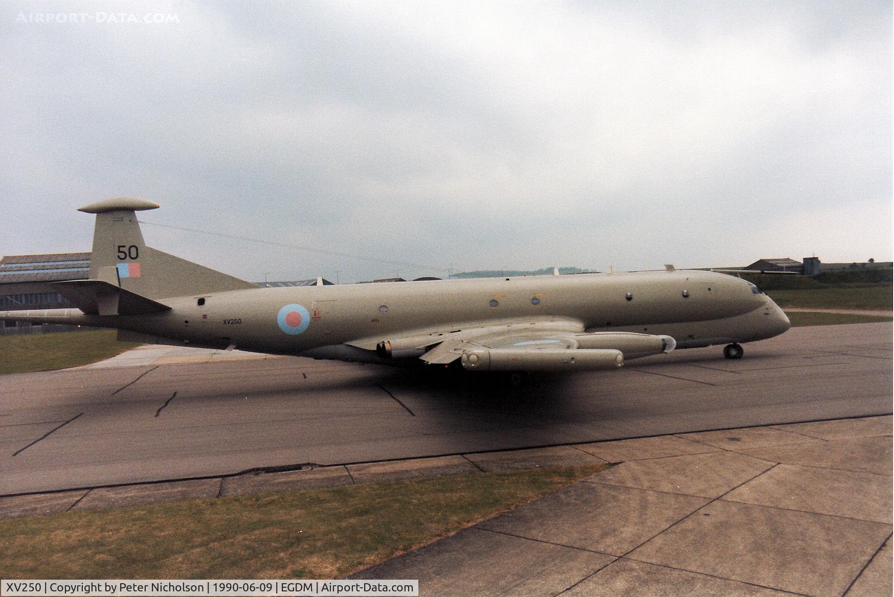 XV250, Hawker Siddeley Nimrod MR.2 C/N 8025, Nimrod MR.2 of the Kinloss Strike Wing on the flight-line at the 1990 Boscombe Down Battle of Britain 50th Anniversary Airshow.