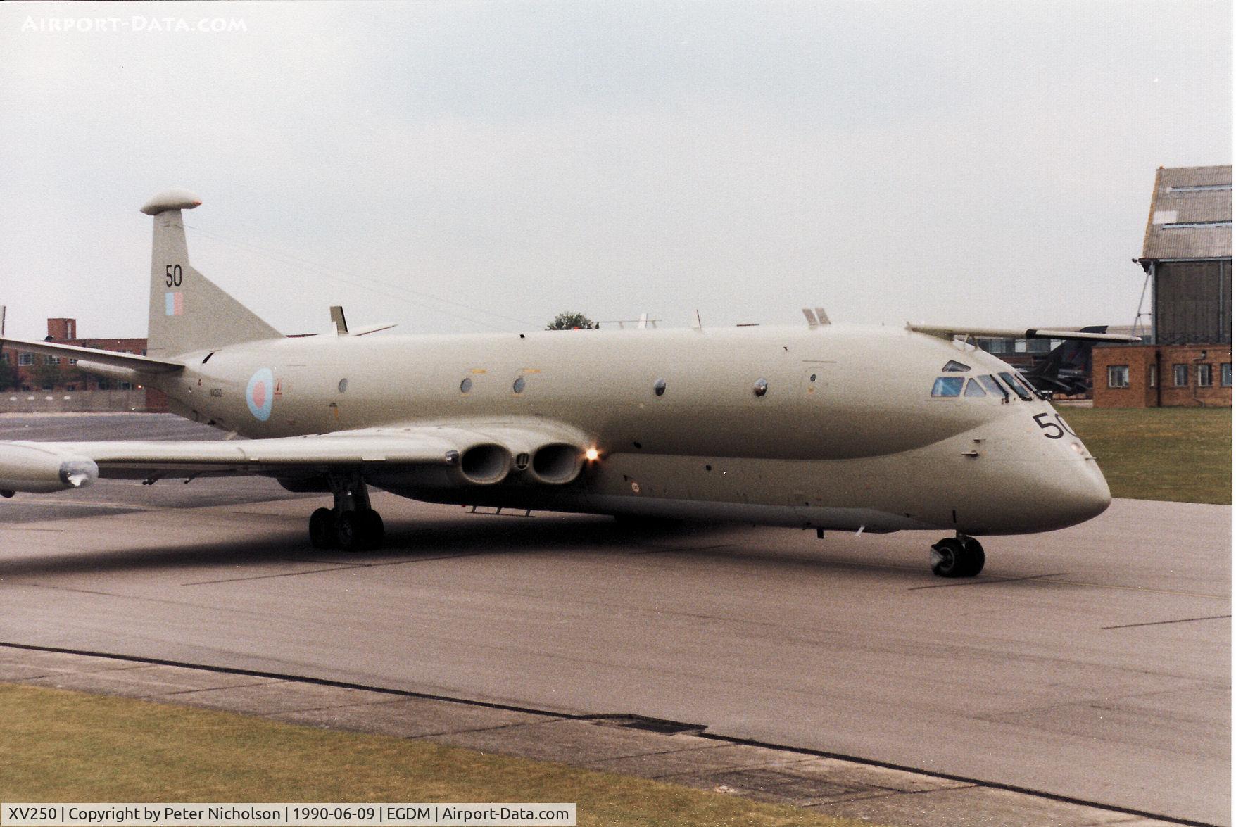 XV250, Hawker Siddeley Nimrod MR.2 C/N 8025, Kinloss Strike Wing Nimrod MR.2 on the flight-line at the 1990 Boscombe Down Battle of Britain 50th Anniversary Airshow.