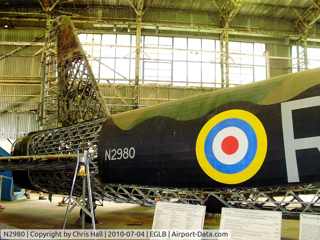 N2980, 1940 Vickers Wellington 1A C/N Not found N2980, rear section of Wellington Mark IA N2980 on display at Brooklands Museum, This aircraft lost power during a training flight in 1940 and ditched in Loch Ness. It was recovered from the bottom of Loch Ness in September 1985 and restored.