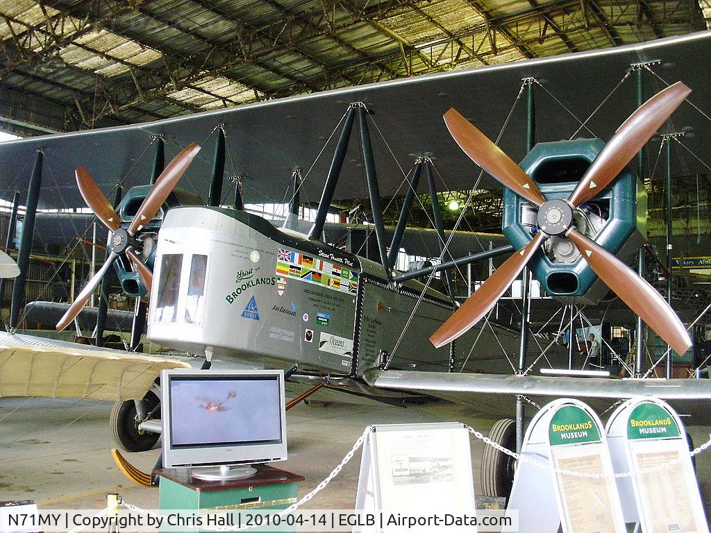 N71MY, 1994 Vickers FB-27A Vimy (replica) C/N 01, Built in 1994 to re-enact the type’s three long distance flights of 1919-20. In 1994 it flew the epic 75th anniversary flight to Australia, In 1999 it successfully flew to South Africa.