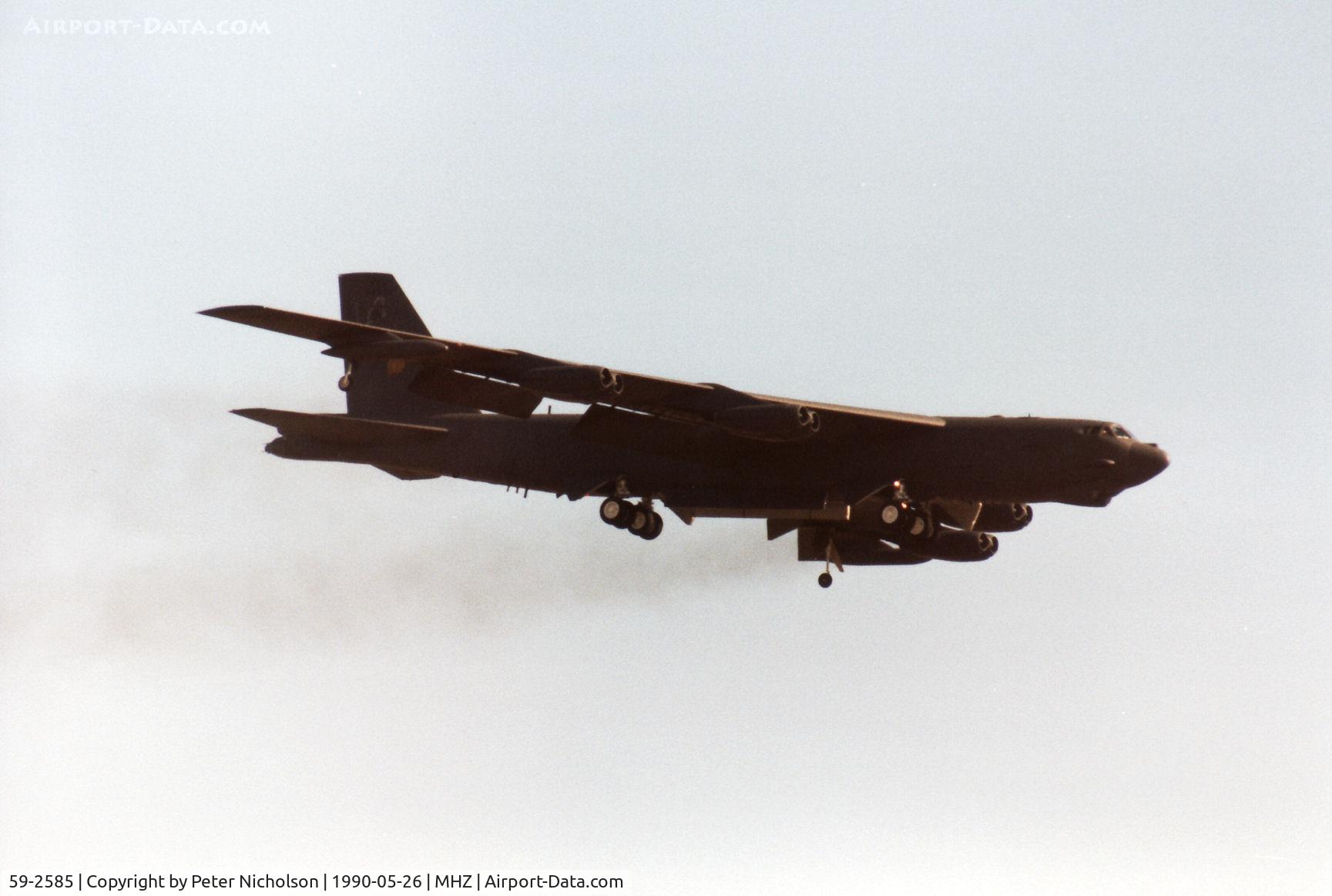 59-2585, 1959 Boeing B-52G Stratofortress C/N 464348, B-52G Stratofortress named Swashbuckler, callsign Moose 25 of 69th Bomb Squadron/42nd Bomb Wing at Loring AFB on a fly-past at the 1990 RAF Mildenhall Air Fete.
