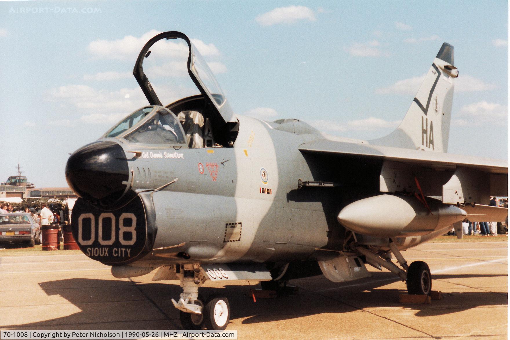 70-1008, 1970 LTV A-7D Corsair II C/N D-154, A-7D Corsair of 174th Tactical Fighter Squadron Iowa Air National Guard on display at the 1990 RAF Mildenhall Air Fete.